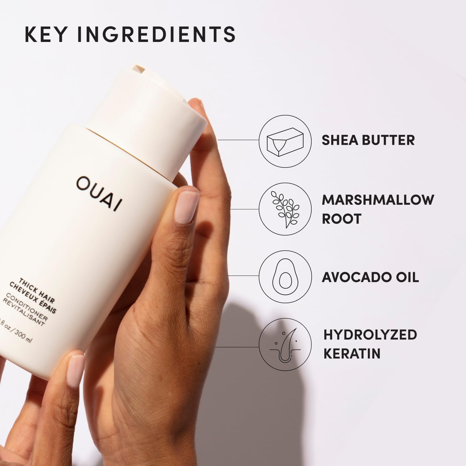 OUAI Thick Hair Conditioner keratin layer reduces flyaways for smoothness