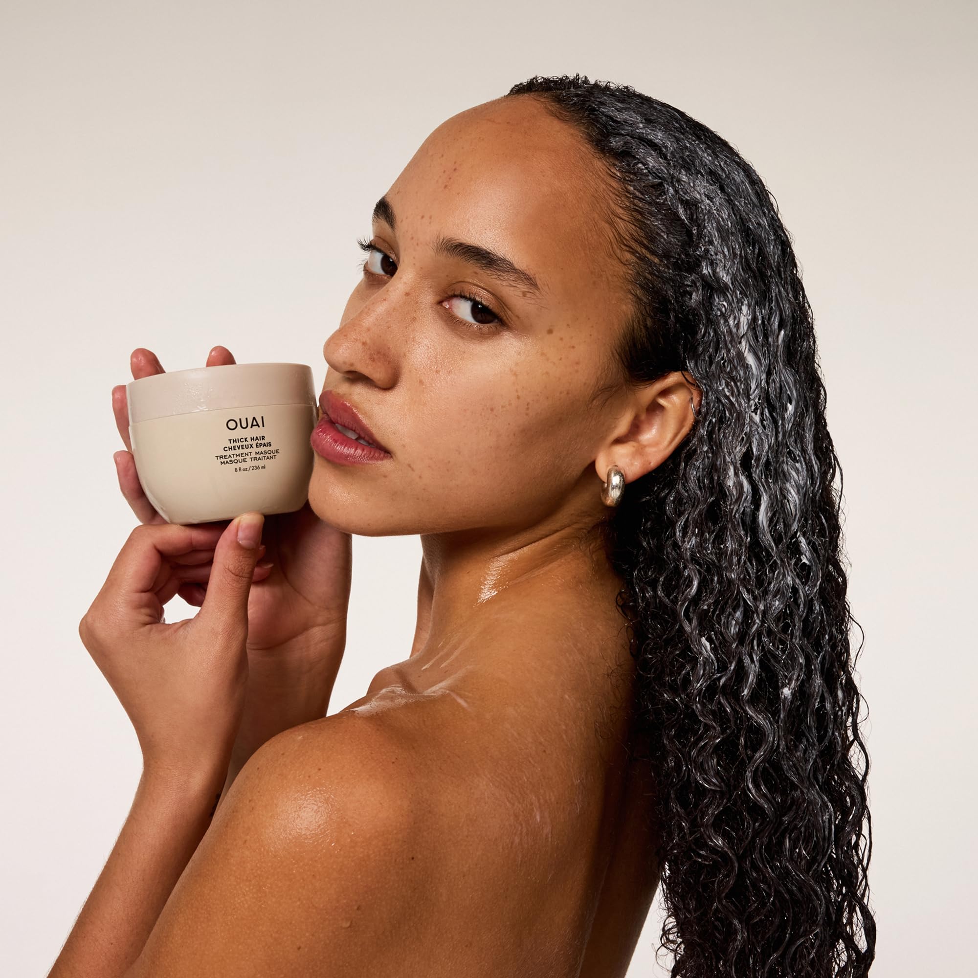 OUAI Thick Hair Mask post-use hydration and shine on hair.