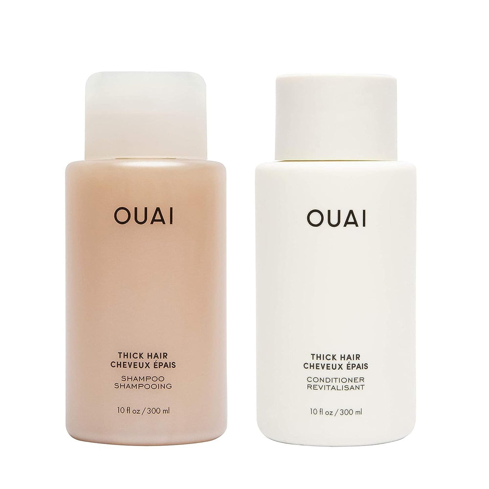 OUAI Thick Hair Shampoo bottle: sleek design and sulfate-free cleansing for thick strands.