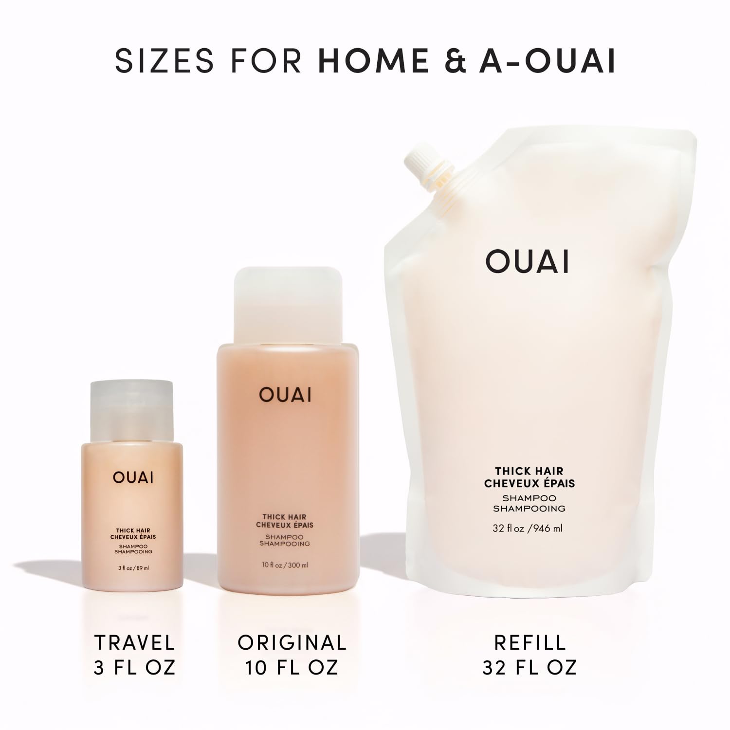 OUAI Thick Shampoo on bathroom counter with conditioner in background