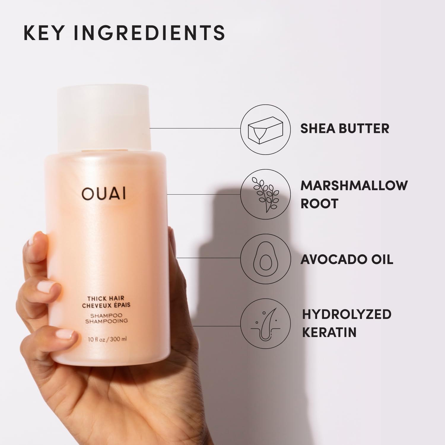 OUAI Thick Shampoo marshmallow root ingredient emphasis for detangling hydration