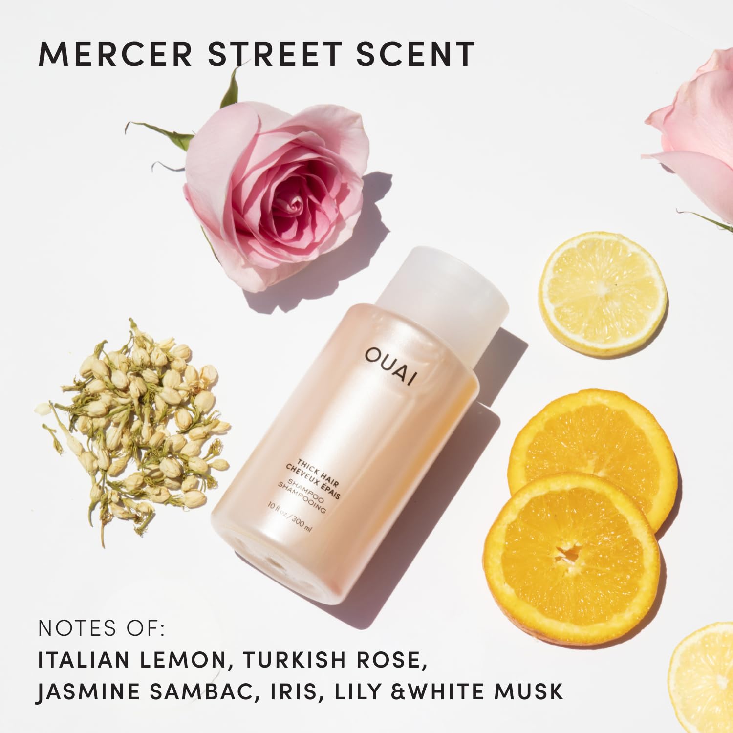 OUAI Thick Shampoo refill label highlights keratin and marshmallow root for hydration