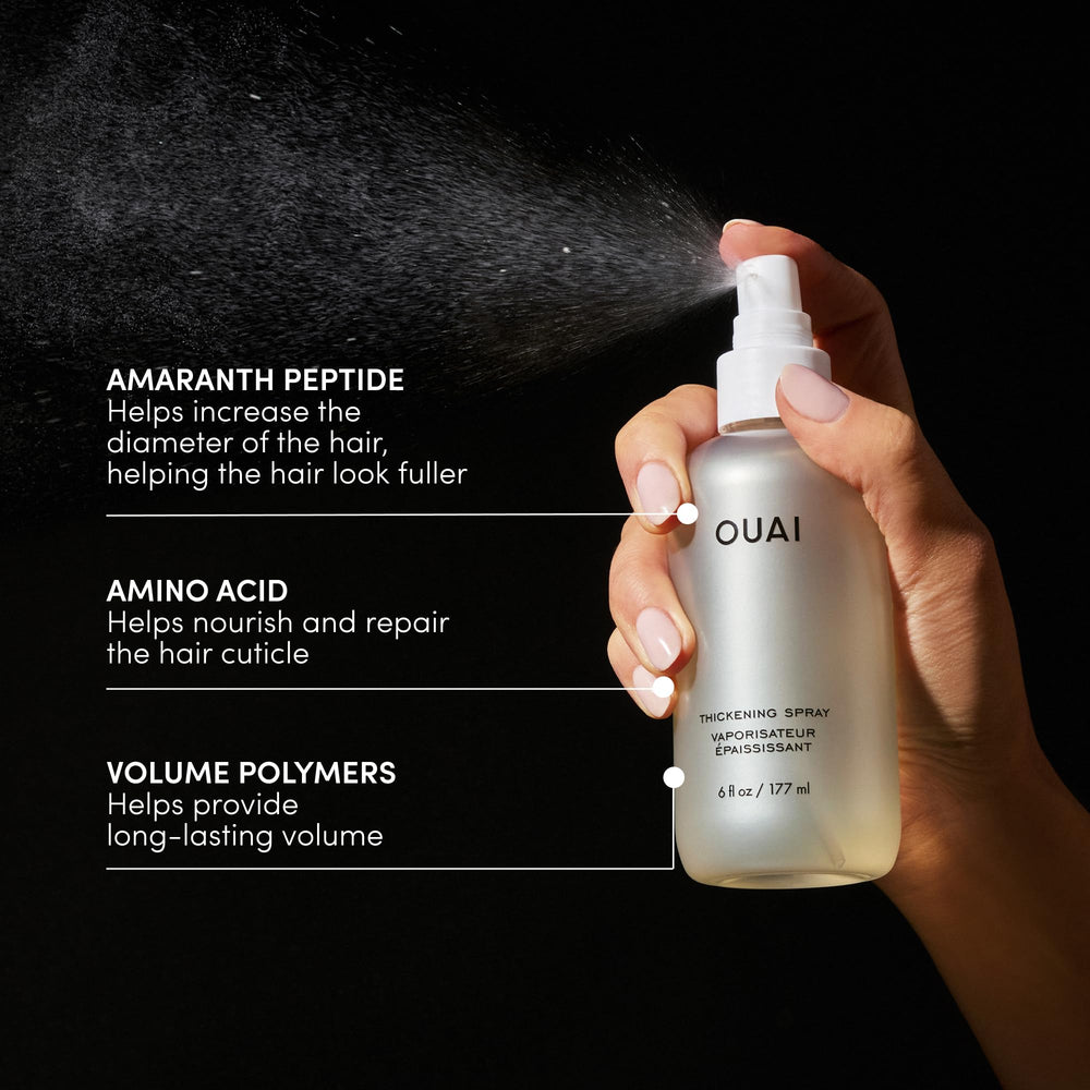 OUAI Thickening Spray packaging highlights clean, modern branding