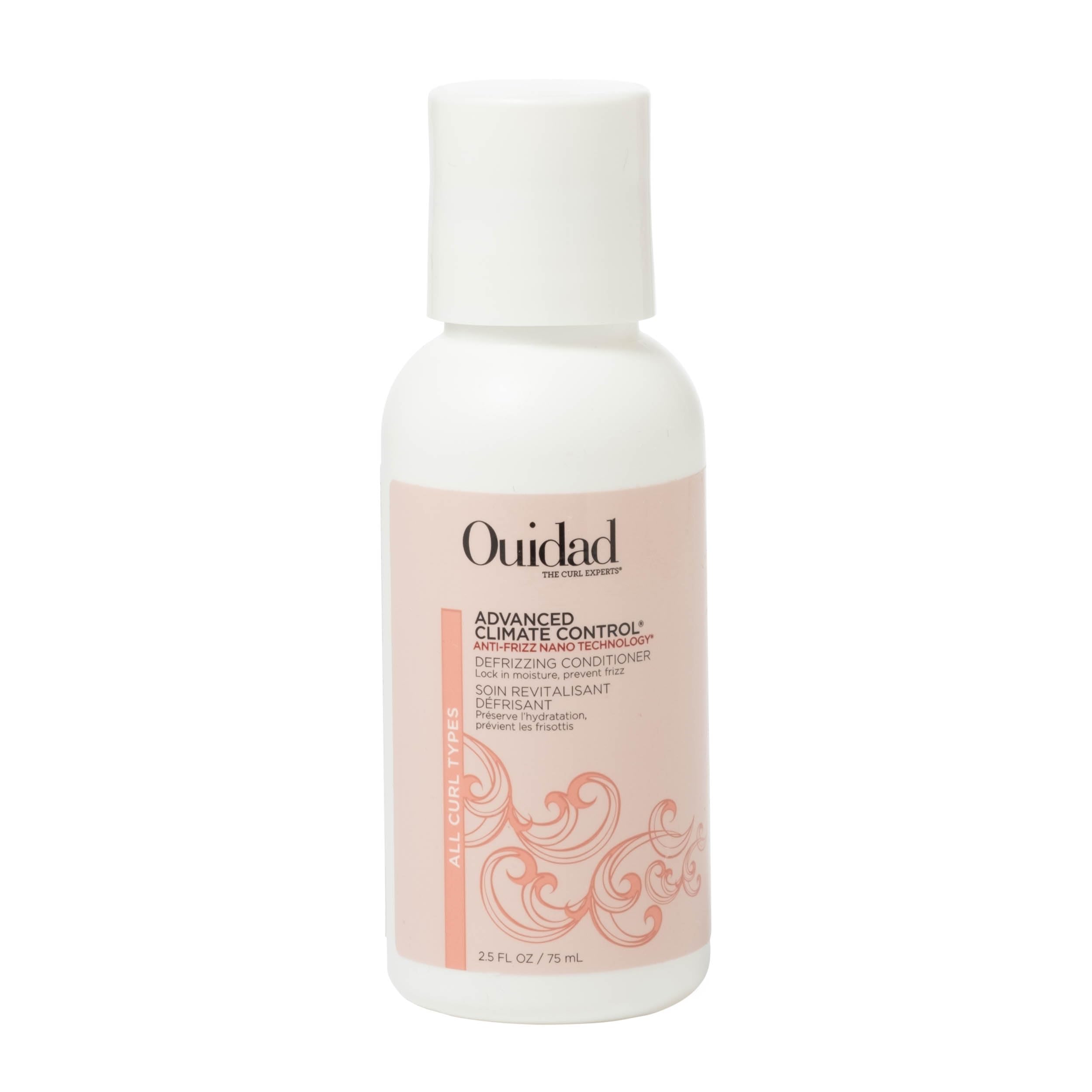 Ouidad Advanced Climate Control Defrizzing Conditioner bottle close-up highlighting frizz control.
