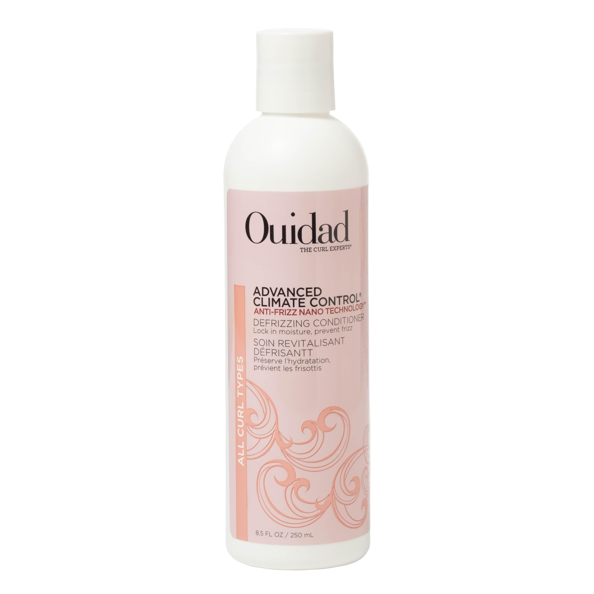 Ouidad Advanced Climate Control Defrizzing Conditioner bottle promotes frizz control for all curls.