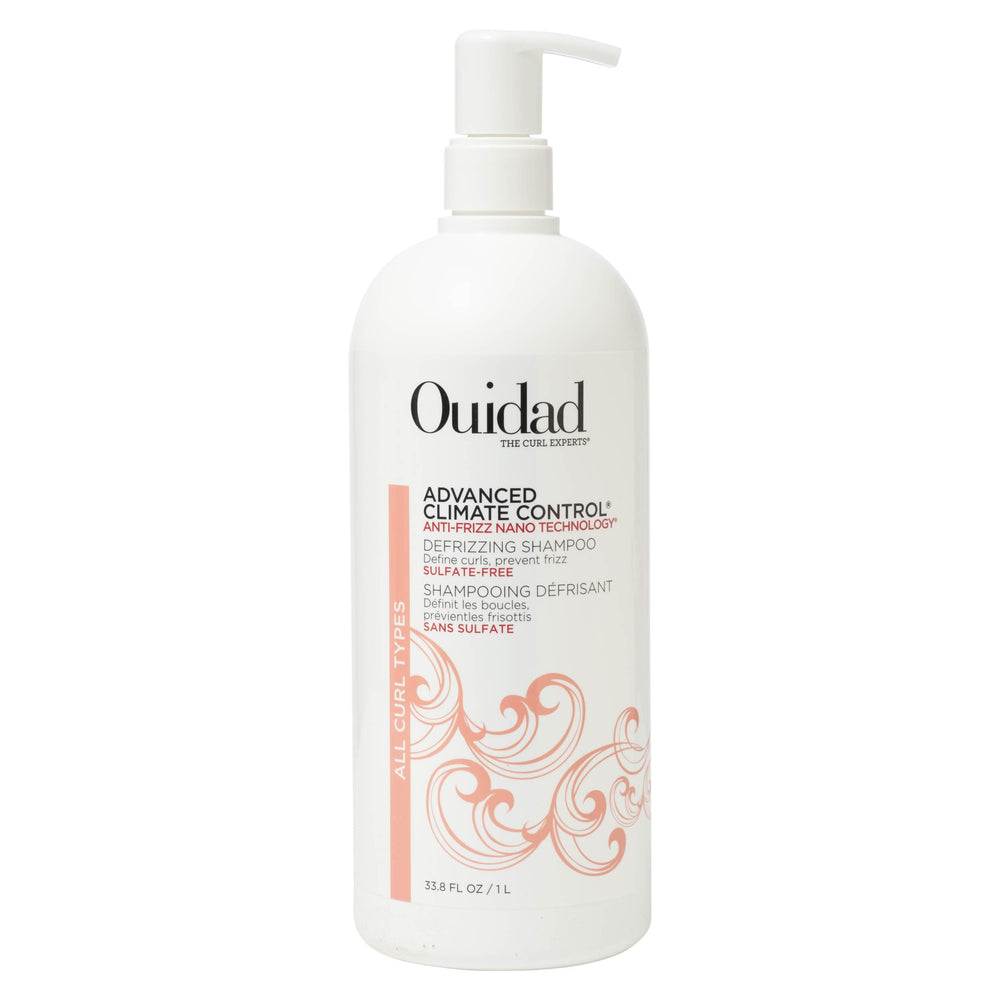 Ouidad Advanced Climate Control Defrizzing Shampoo bottle demonstrates frizz prevention for all curl types.
