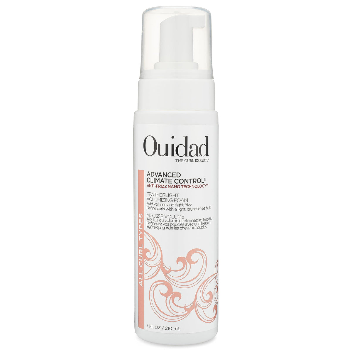 Ouidad advanced climate control foam bottle closeup for lightweight volumizing and frizz control.