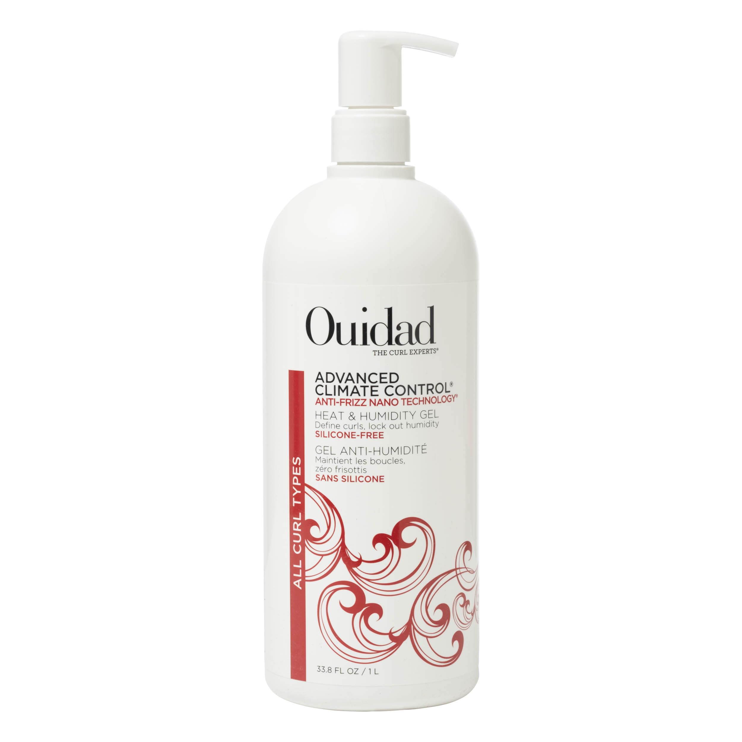 Ouidad Advanced Climate Control Gel bottle close-up highlighting anti-frizz protection for shiny curls