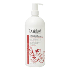 Ouidad Advanced Climate Control Gel bottle close-up highlighting anti-frizz protection for shiny curls