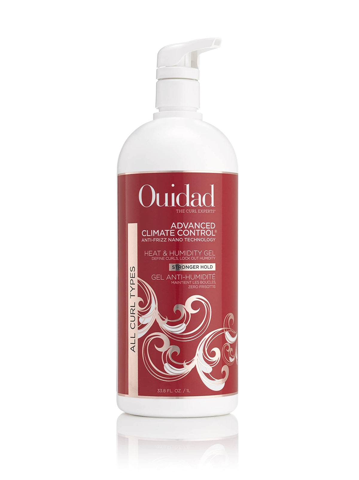 Ouidad Advanced Climate Control gel packaging shown as travel-size bottle for on-the-go humidity control.