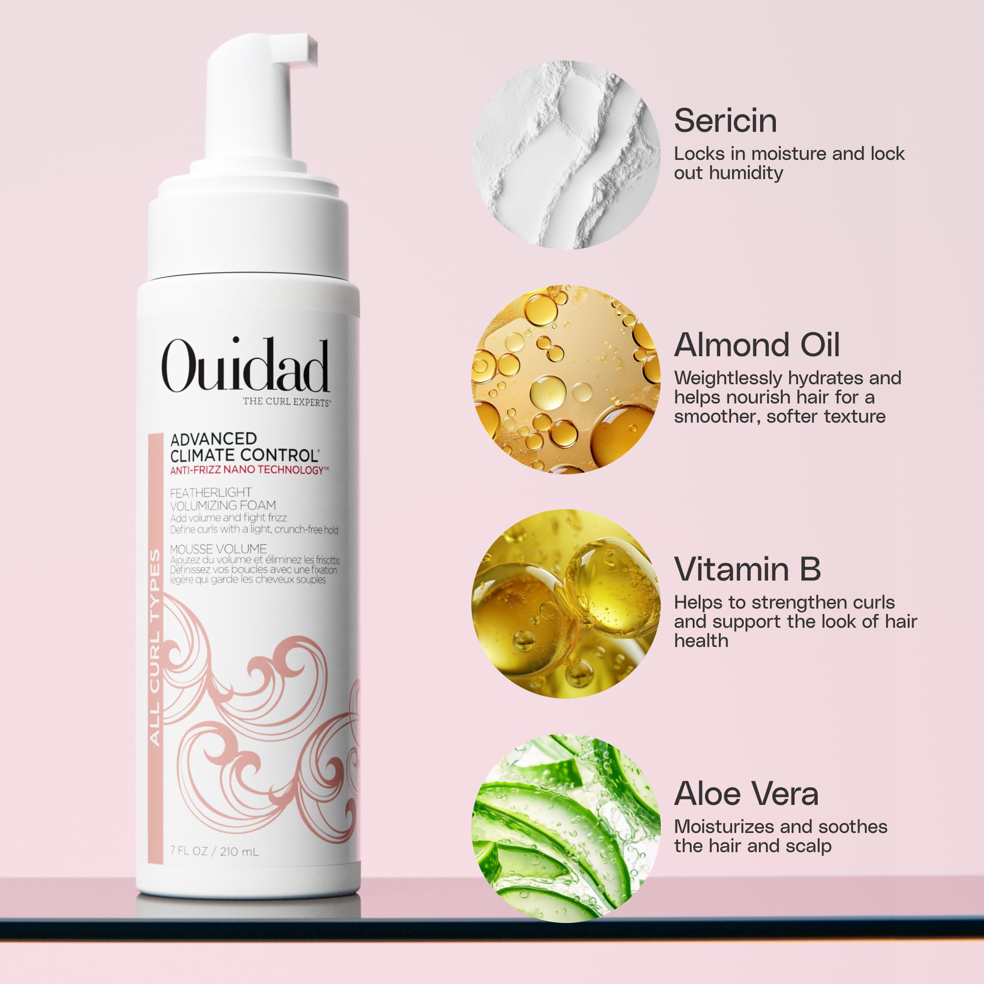 Ouidad aloe and almond oil ingredients label emphasizing hydrating curl care.