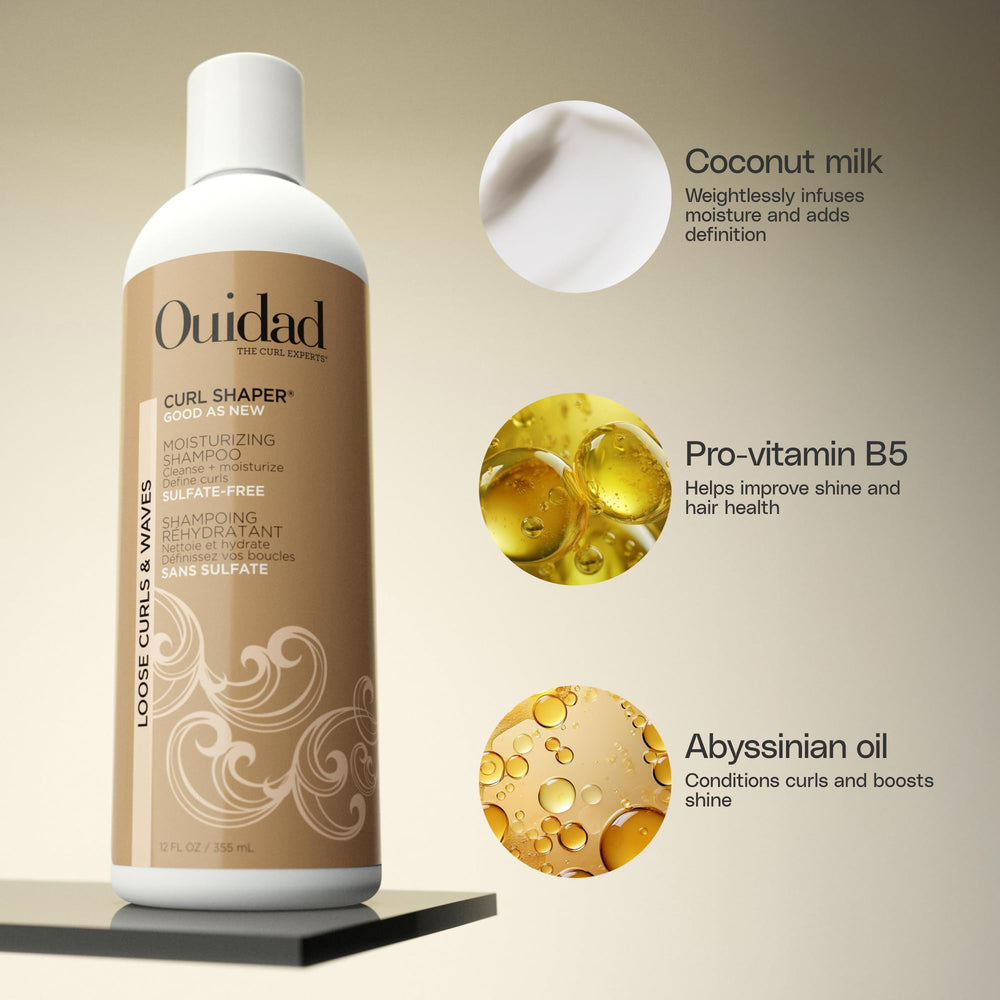 Ouidad botanicals essence ingredients shown, supports curl strength and reduces breakage.