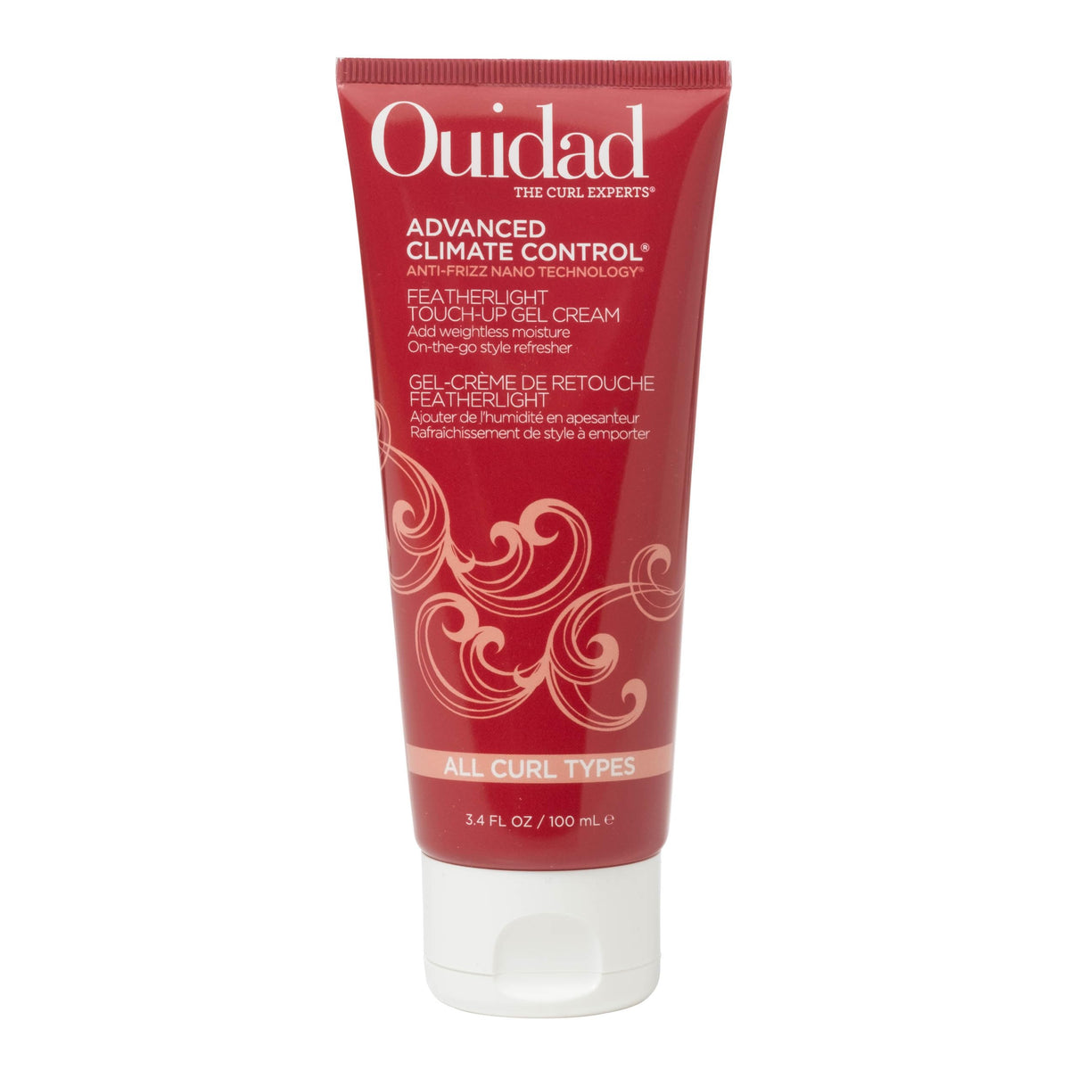 Ouidad gel crema featherlight en bote, retoques ligeros y definición de rizos.