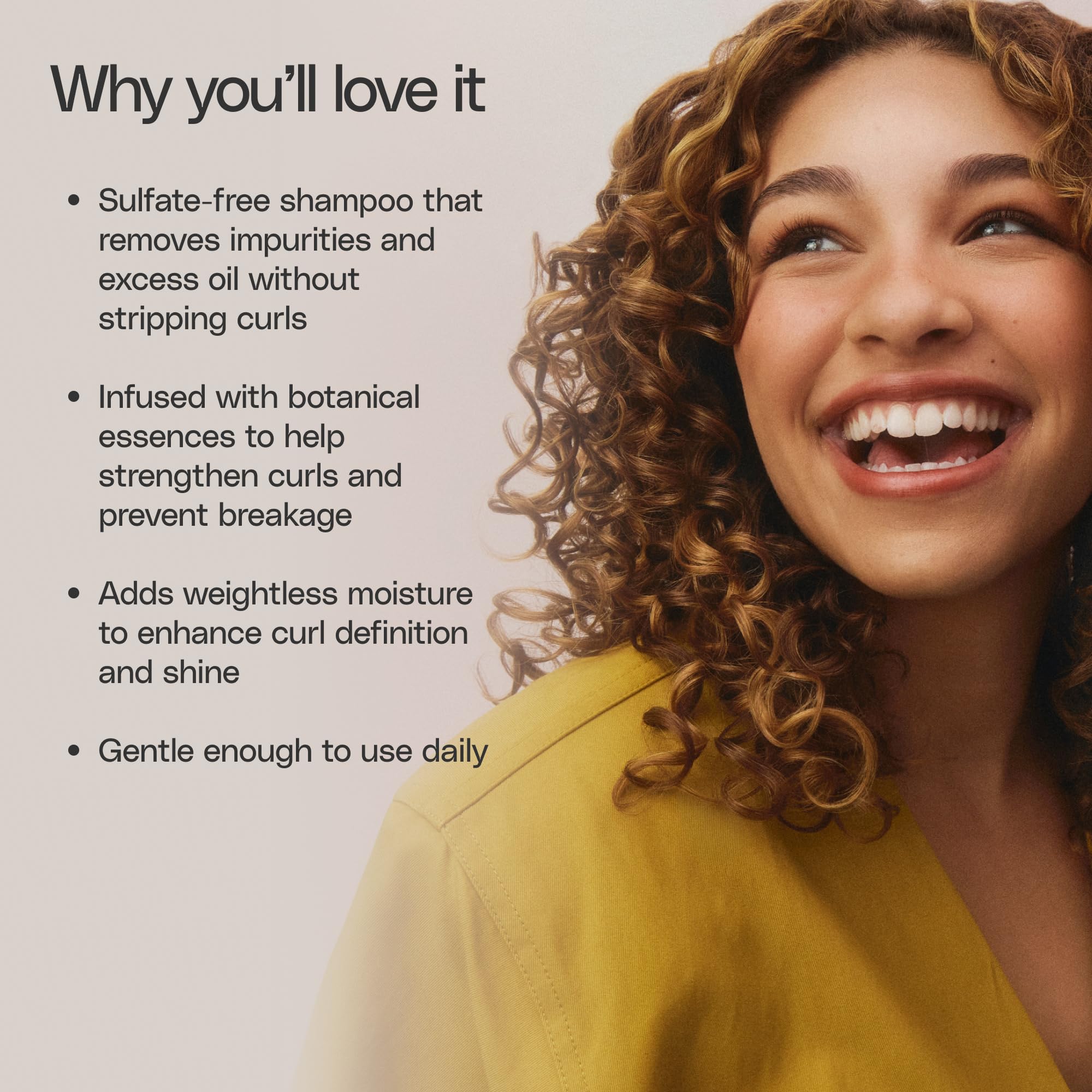 Ouidad Curl Shaper Good As New on damp hair, defines curls with weightless moisture.