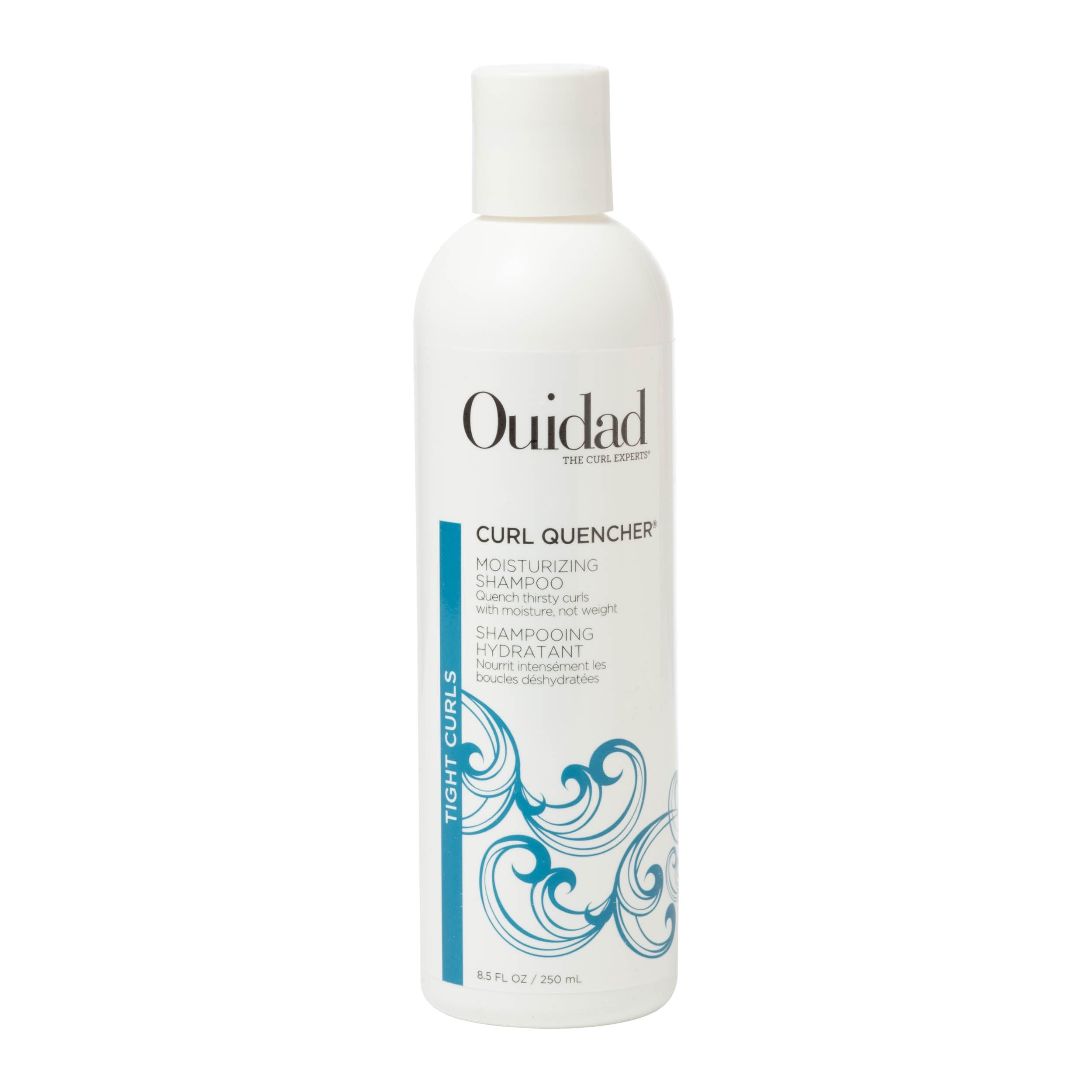 Ouidad Curl Quencher shampoo bottle front showing color-safe, vegan hair care for moisturized curls.
