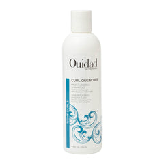 Ouidad Curl Quencher shampoo bottle front showing color-safe, vegan hair care for moisturized curls.