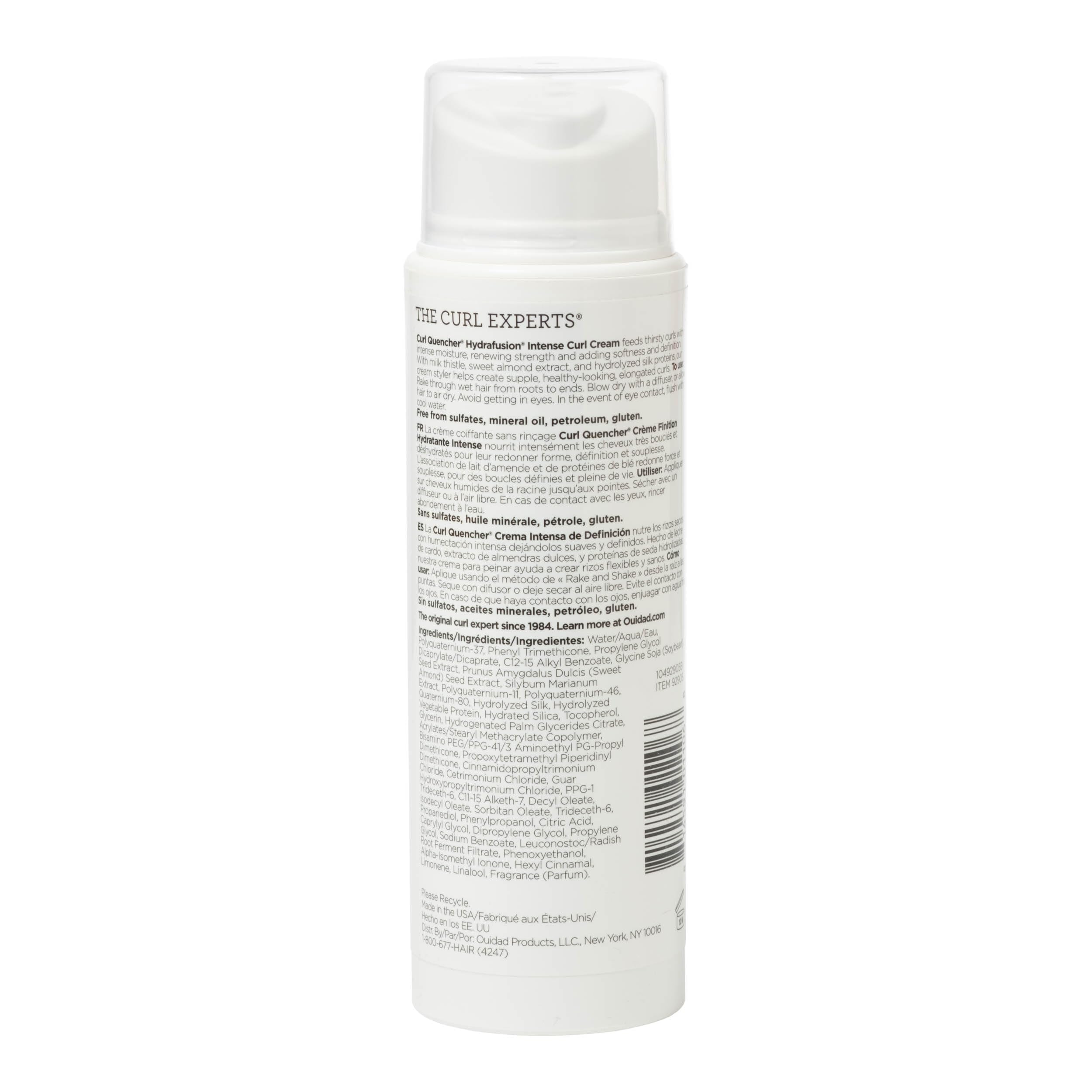 Cream texture of Ouidad Curl Quencher Hydrafusion on curls for definition.