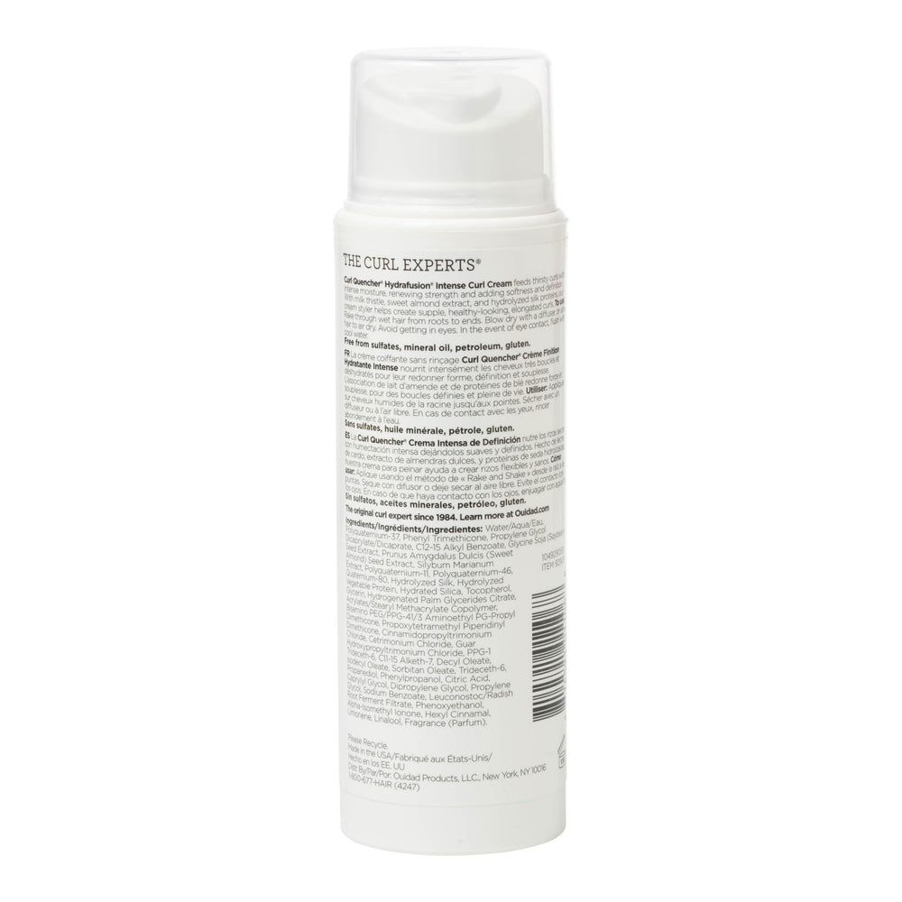 Cream texture of Ouidad Curl Quencher Hydrafusion on curls for definition.