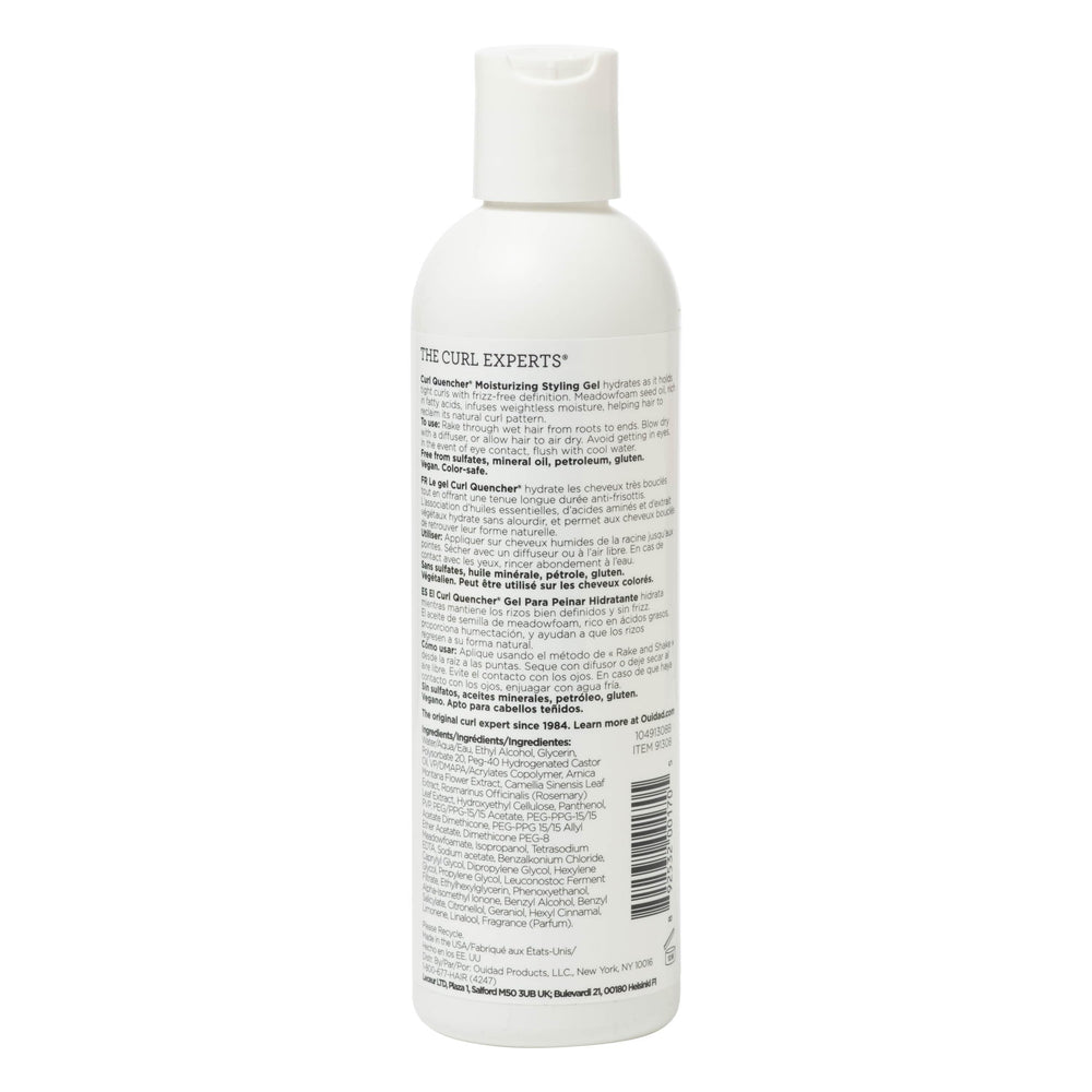 Ouidad Curl Quencher lightweight-hold gel on damp hair demonstrates easy styling.