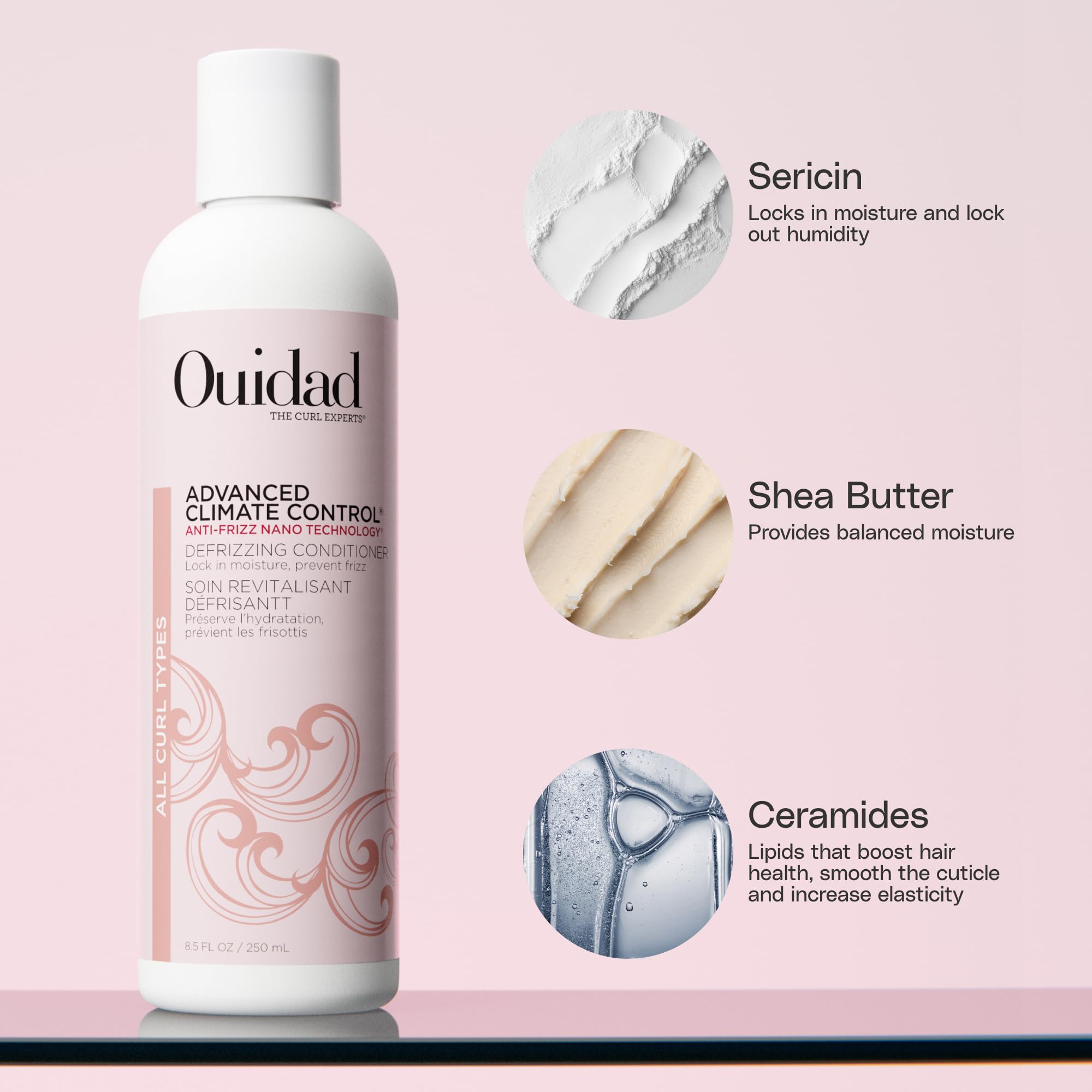 Ouidad defrizzing conditioner cream texture close up reveals rich hydration.