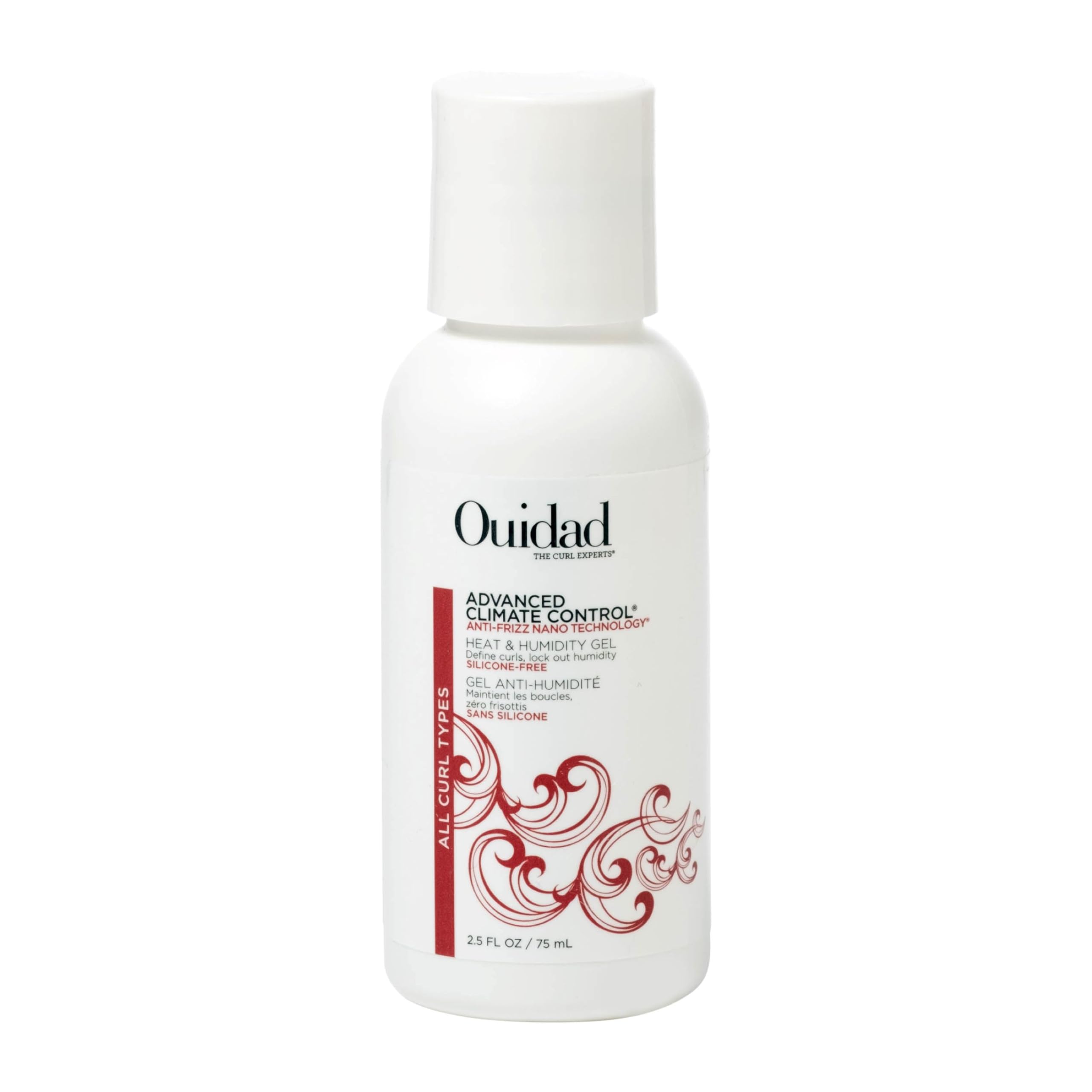 Ouidad gel en botella, rizos definidos y humedad protegida.
