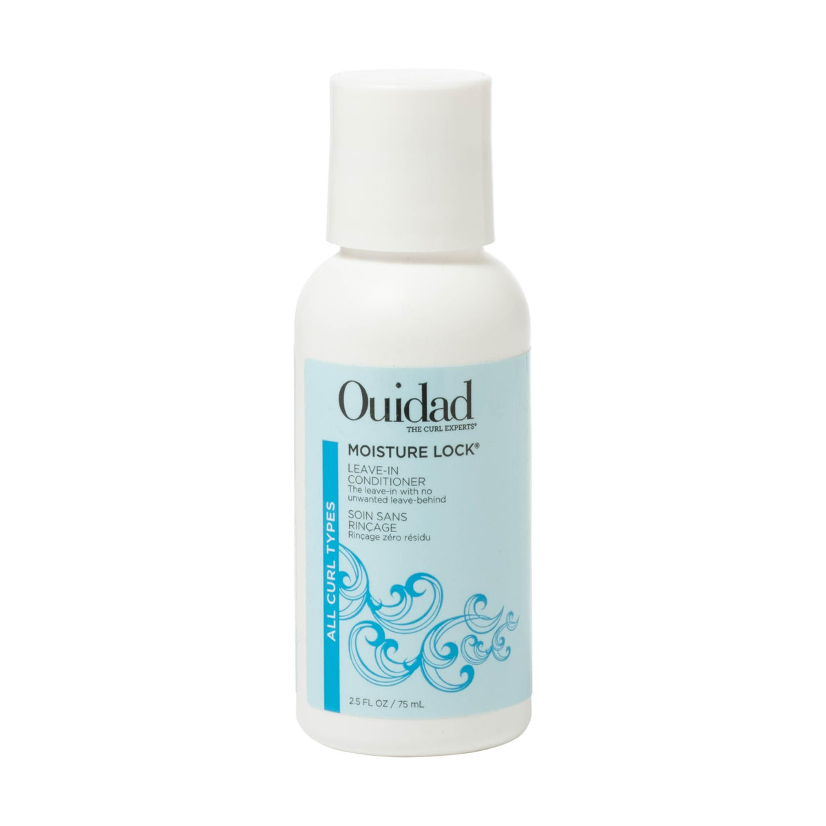 Ouidad Moisture Lock Leave-In: primer plano del bote para rizos hidratados y definidos.