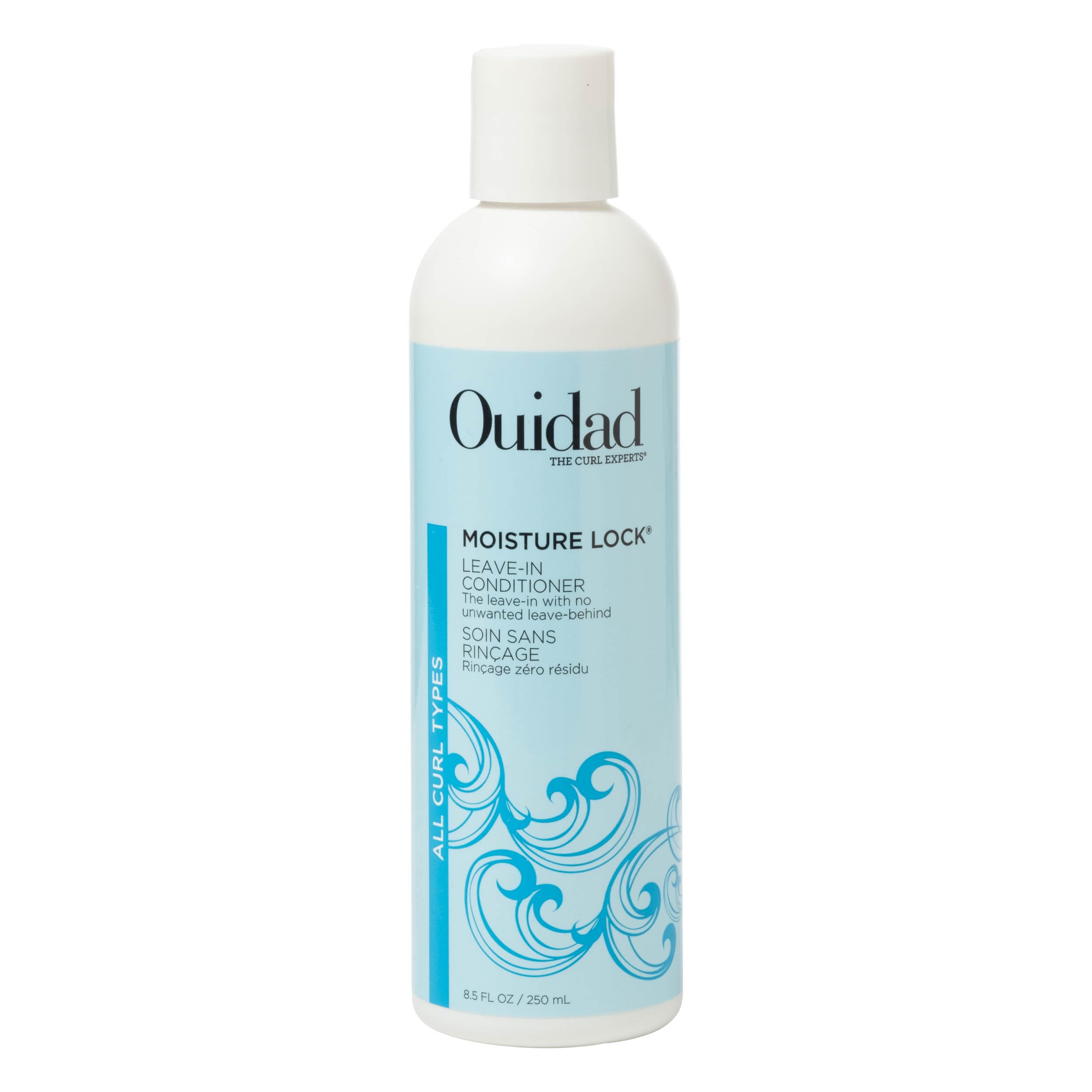 Ouidad Moisture Lock Leave-In Conditioner bottle close-up, highlighting lightweight hydration.