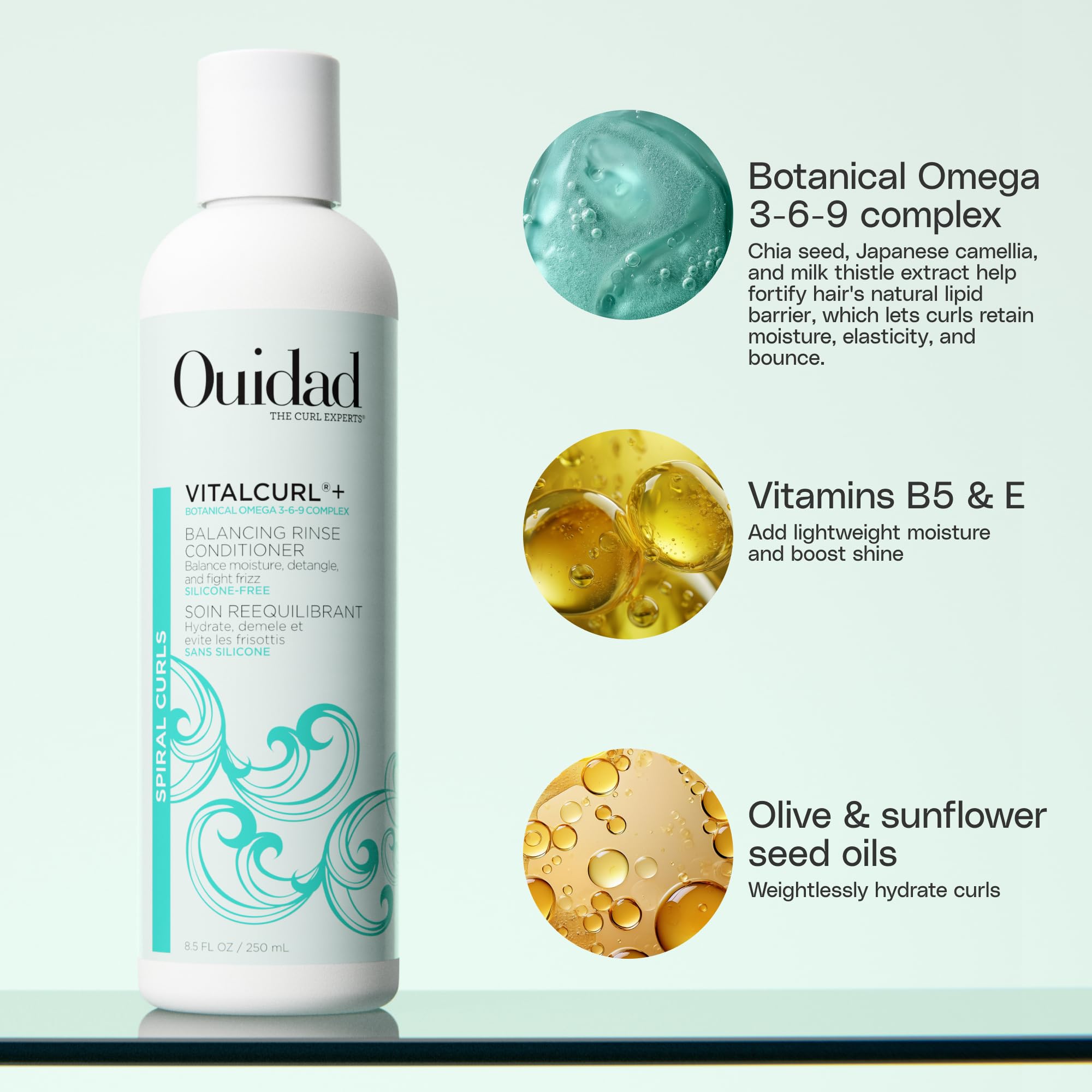 Ouidad VitalCurl+ balance ingredients label highlights Omega 3-6-9 blend.