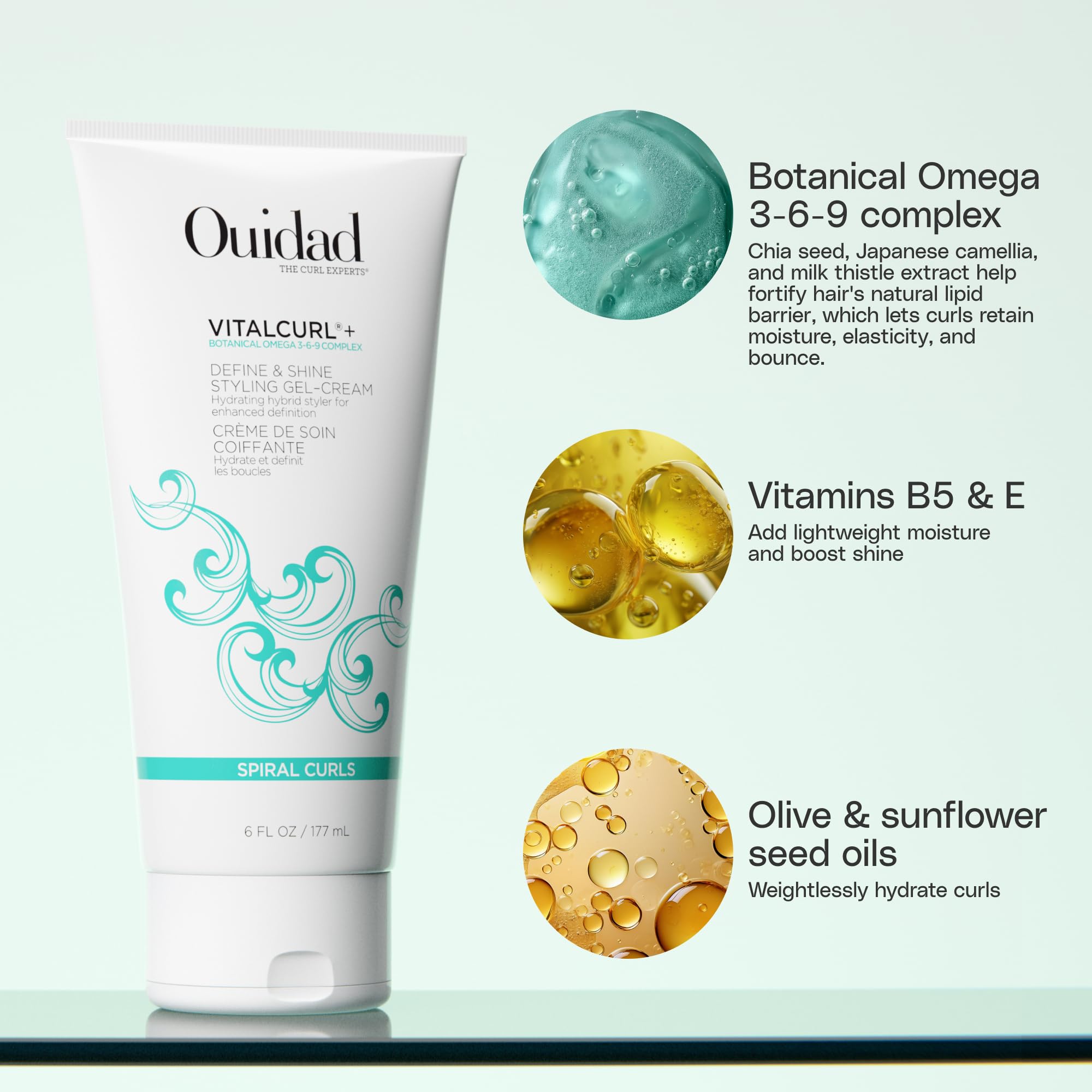 Ouidad VitalCurl+ Define & Shine hands applying gel-cream for defined, flexible curls.