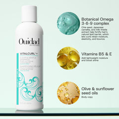 Ouidad VitalCurl+ equilibrio-pH en la botella ayuda a definir rizos con hidratación.