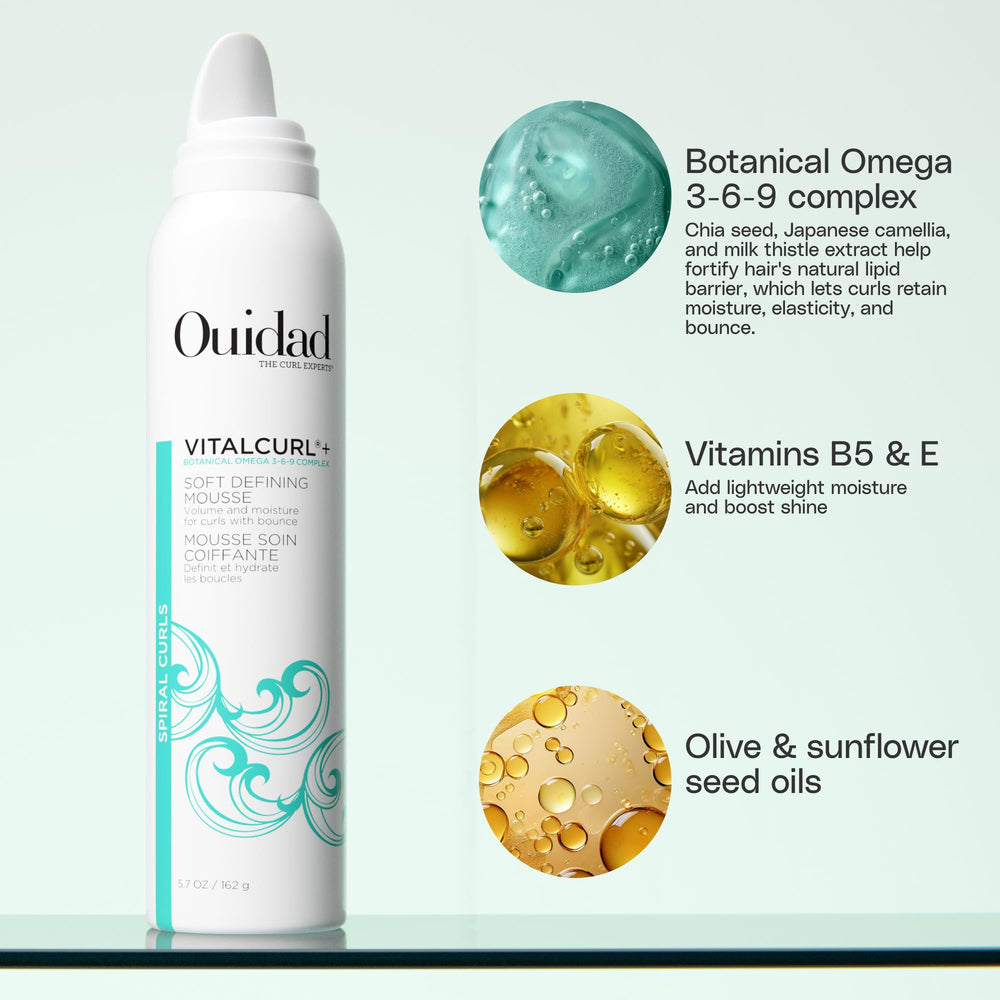Ouidad VitalCurl+ Mousse applied to wet hair for full curl definition.