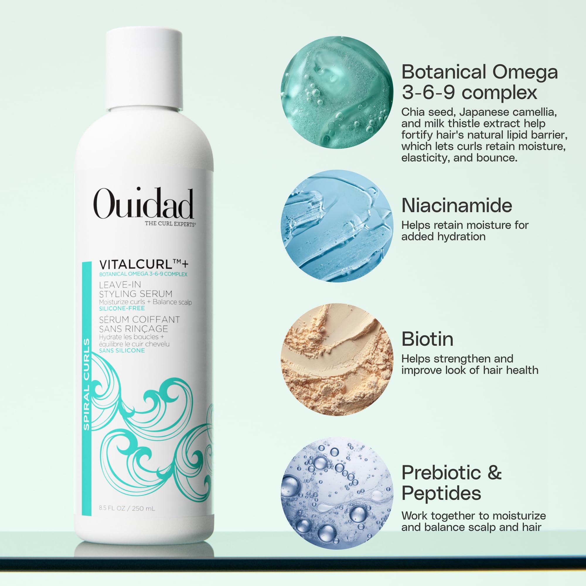 Close-up of defined curls using Ouidad VitalCurl+ Tress Effects Gel for lasting definition.