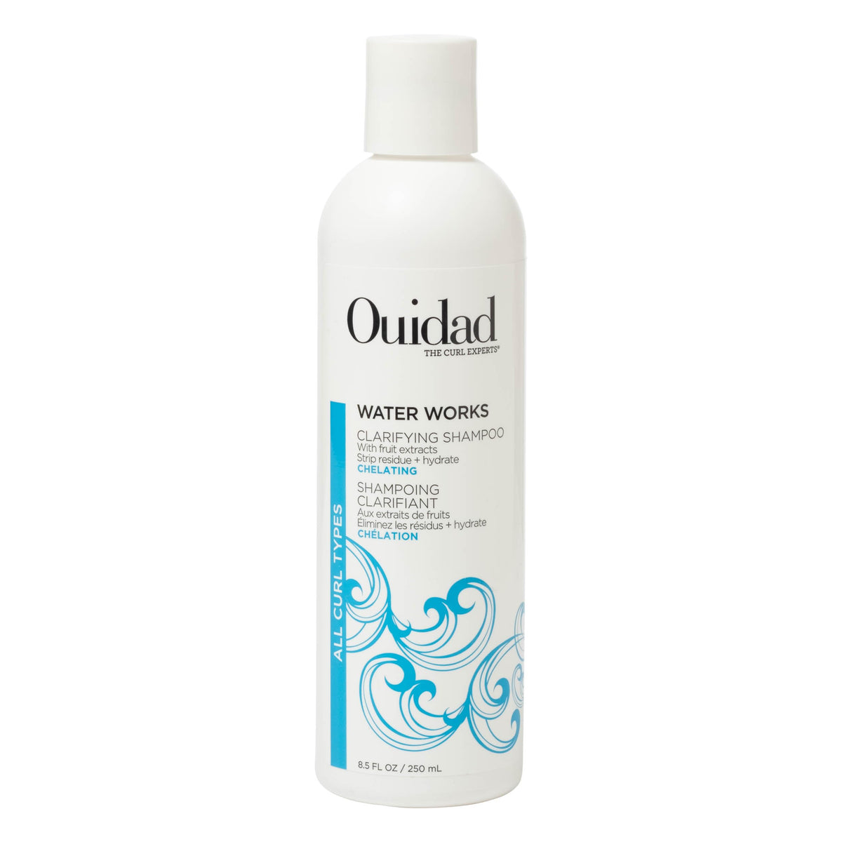 Ouidad Water Works bottle with lemon promotes fresh, residue-free curls.