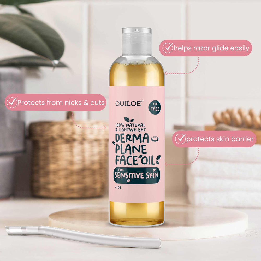 Ouiloe Dermaplane Oil application scene highlights non comedogenic, lightweight formula