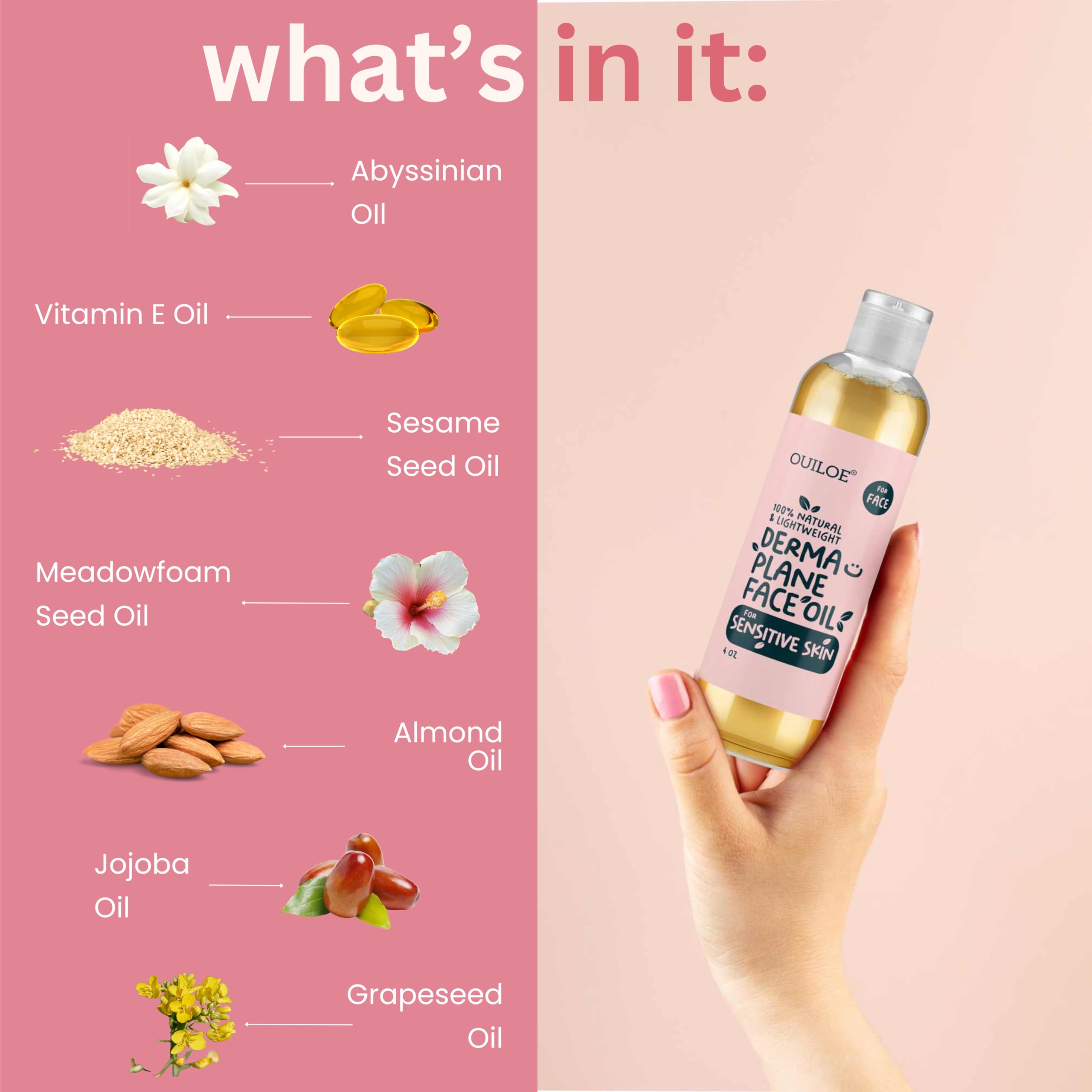 Ouiloe Dermaplane Oil bottle with skincare setup suggests irritation-friendly shaving