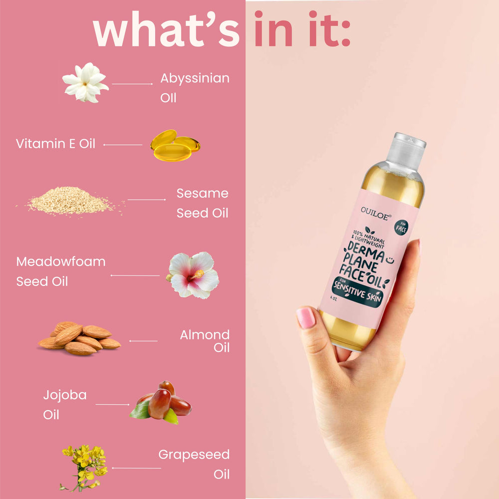 Ouiloe Dermaplane Oil bottle with skincare setup suggests irritation-friendly shaving