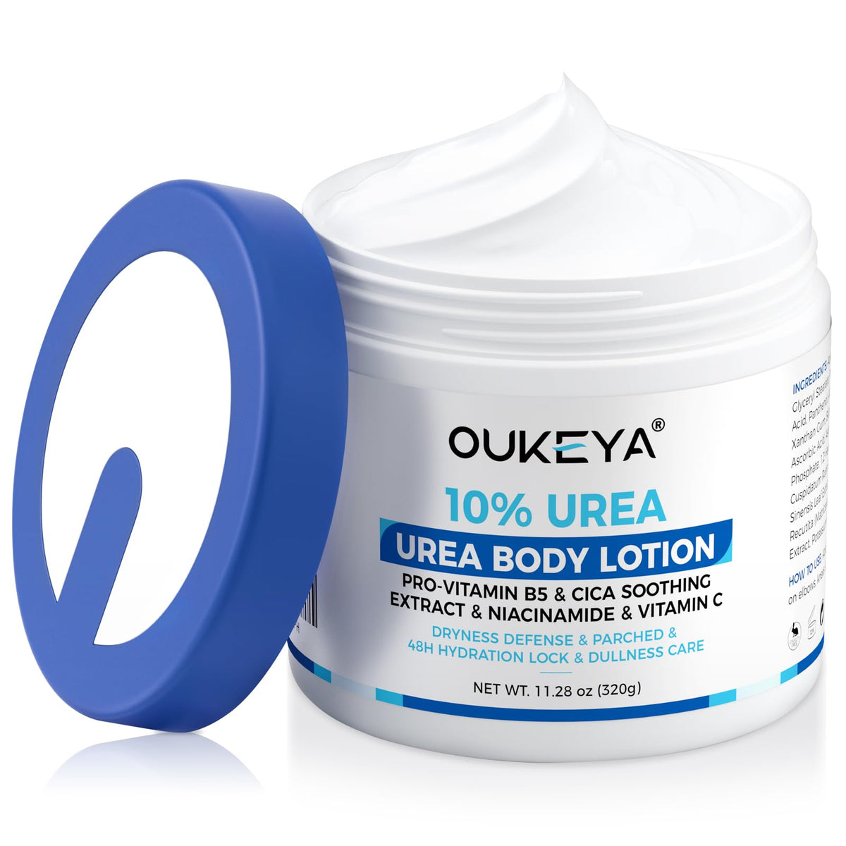 OUKEYA crema urea cuerpo en bote de 320 g para hidratación duradera.