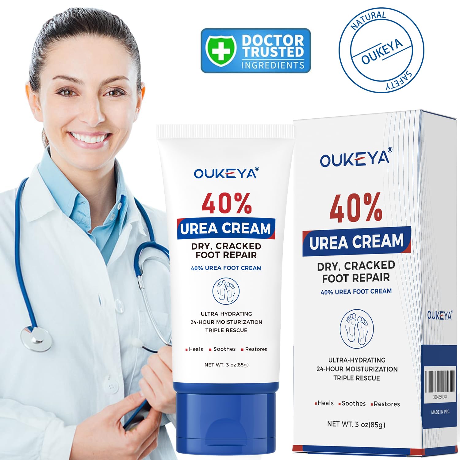 OUKEYA Urea Cream 40% for feet helps soften rough heels and dry skin.