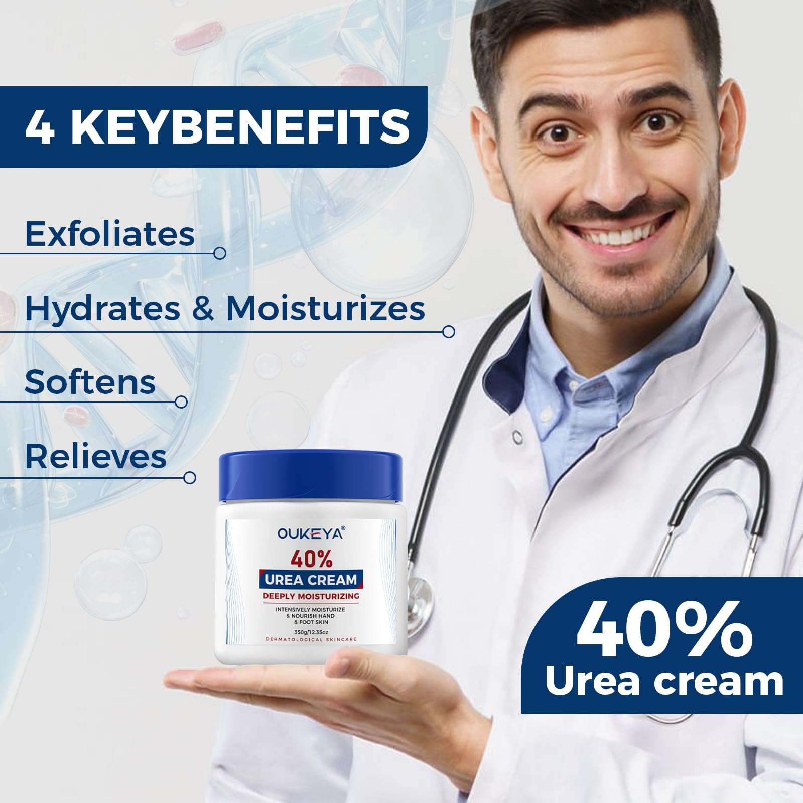 OUKEYA Urea Cream 40% texture close-up emphasizes non-greasy absorption.