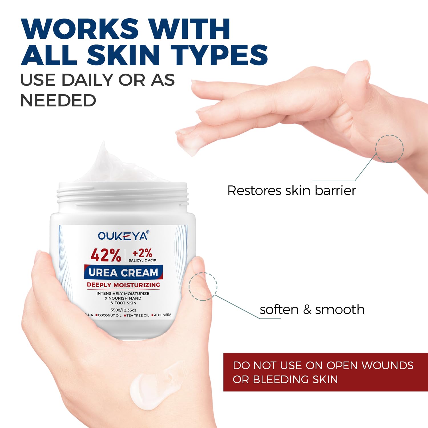 OUKEYA Urea Cream 42% non-greasy jar emphasizes instant absorption.