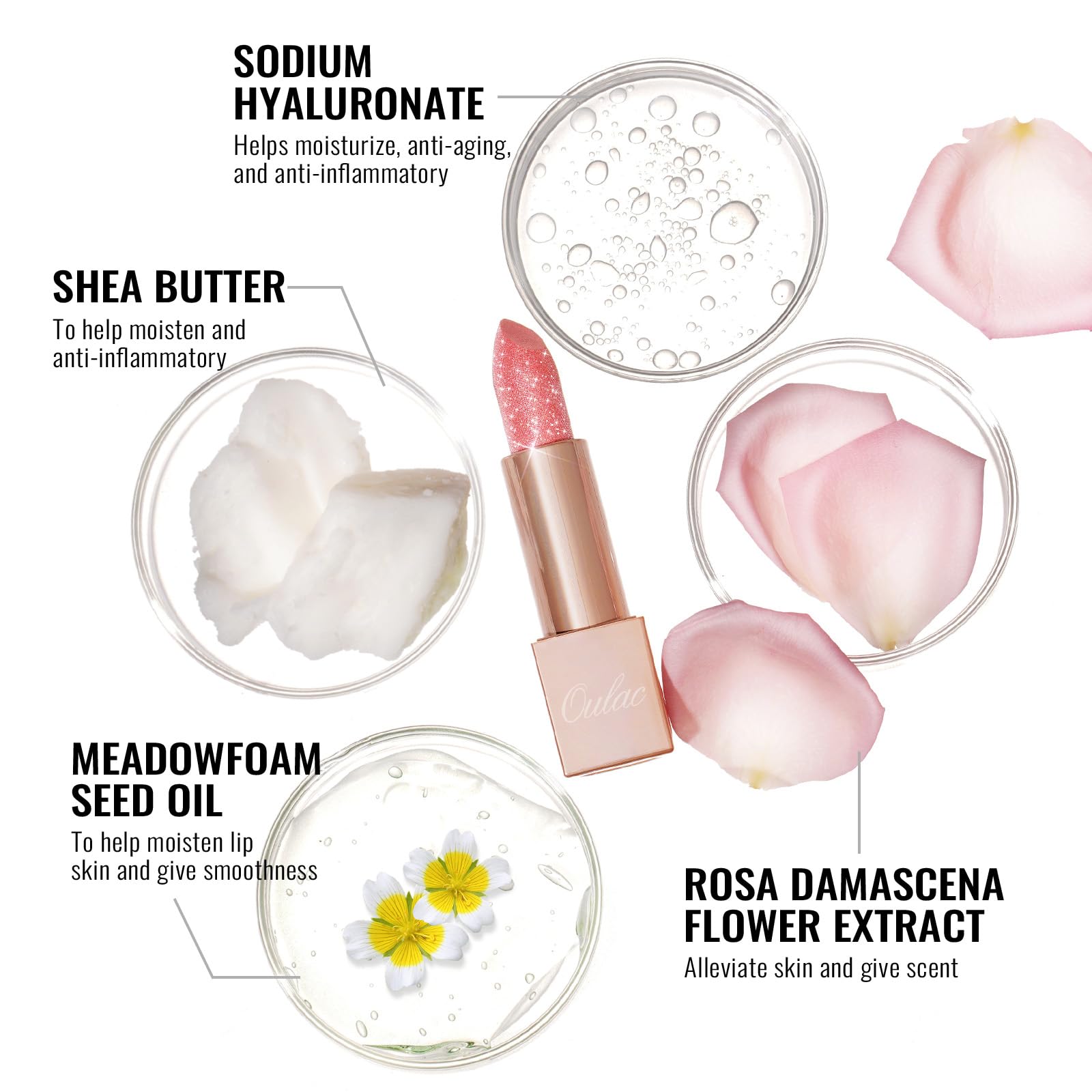 Oulac Pink Shimmer Lipstick with Damask Rose Oil for soothing hydration.