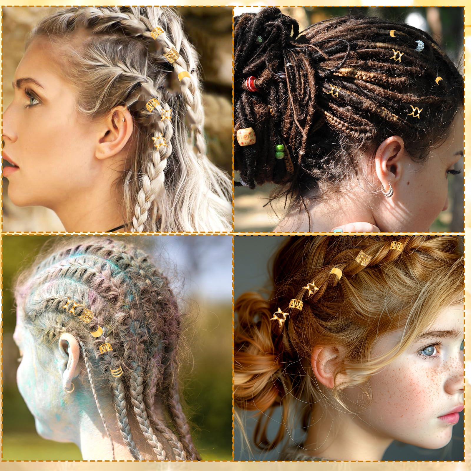 Presentación de accesorios para cabello dorados de Ouligay, listos para combinar con estilos.