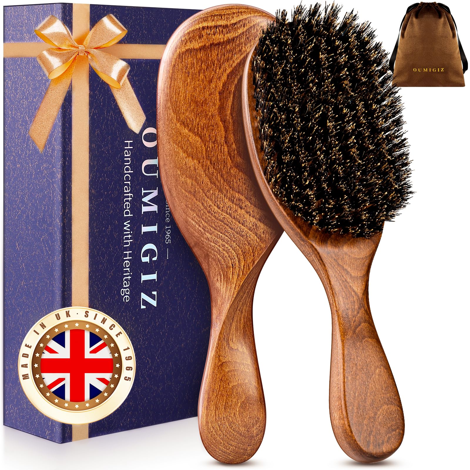 OUMIGIZ boar bristle brush with back-sculpted design for comfortable daily grooming.