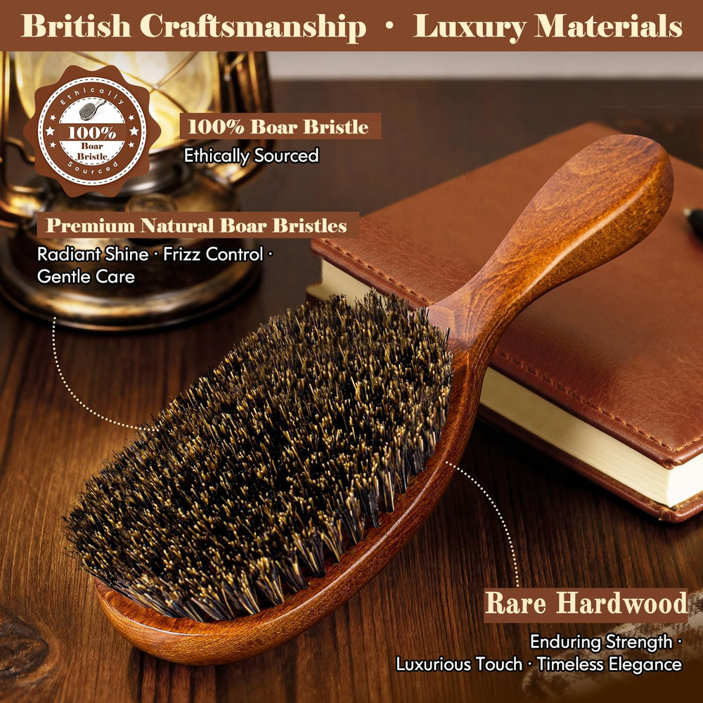 OUMIGIZ boar bristle brush wooden handle closeup showing premium grip.