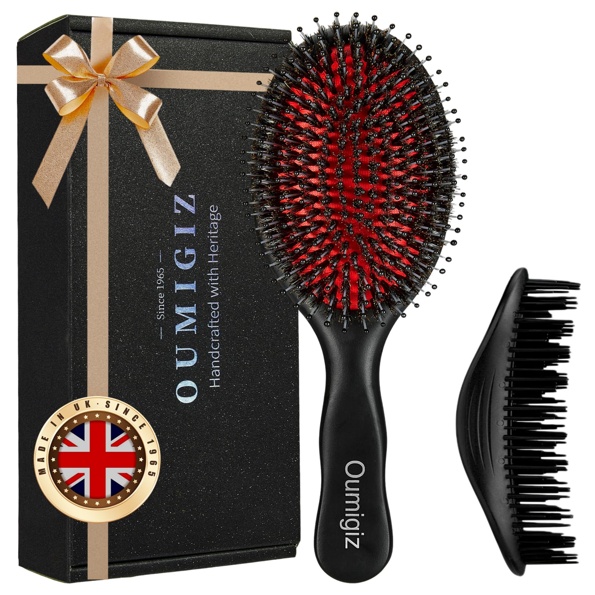 OUMIGIZ boar bristle brush close-up with wooden handle, detangling ease