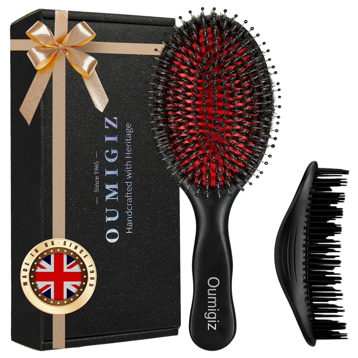 OUMIGIZ boar bristle brush close-up with wooden handle, detangling ease