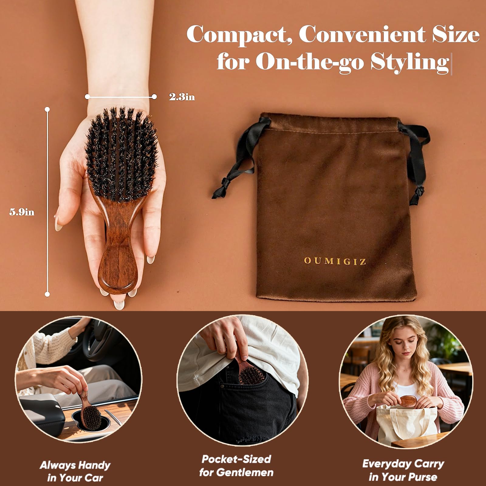 OUMIGIZ brush back sculpted design highlights ergonomic daily styling