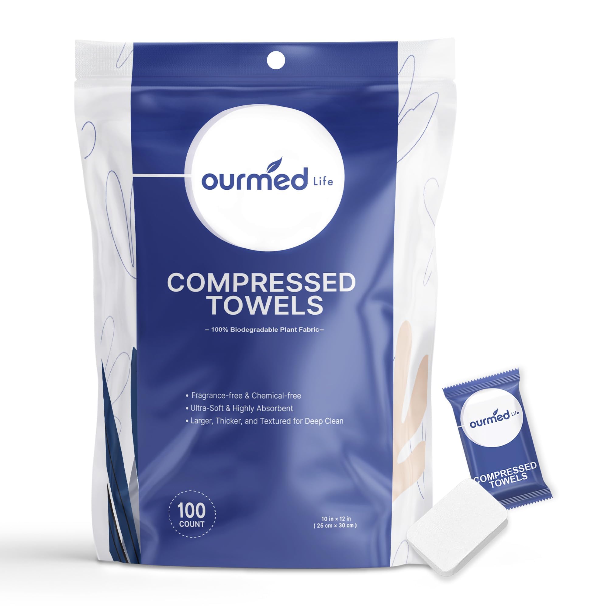 Ourmed Life compressed towel packaging with individual wrappers for clean, on-the-go use.