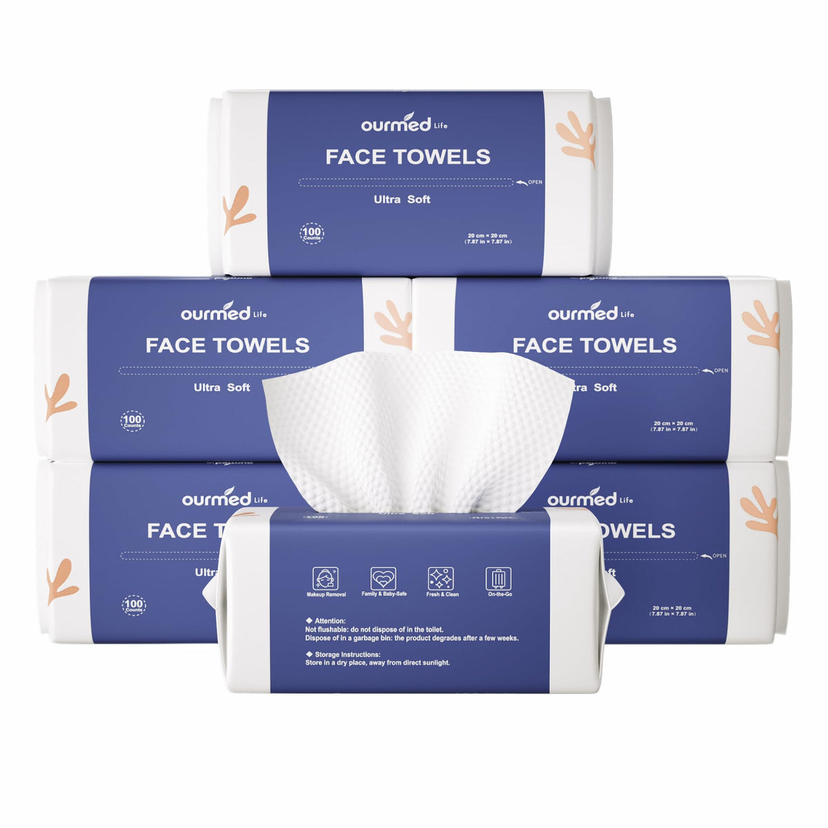 Ourmed Life biodegradable face towels in packaging, ideal for eco-friendly daily cleansing.