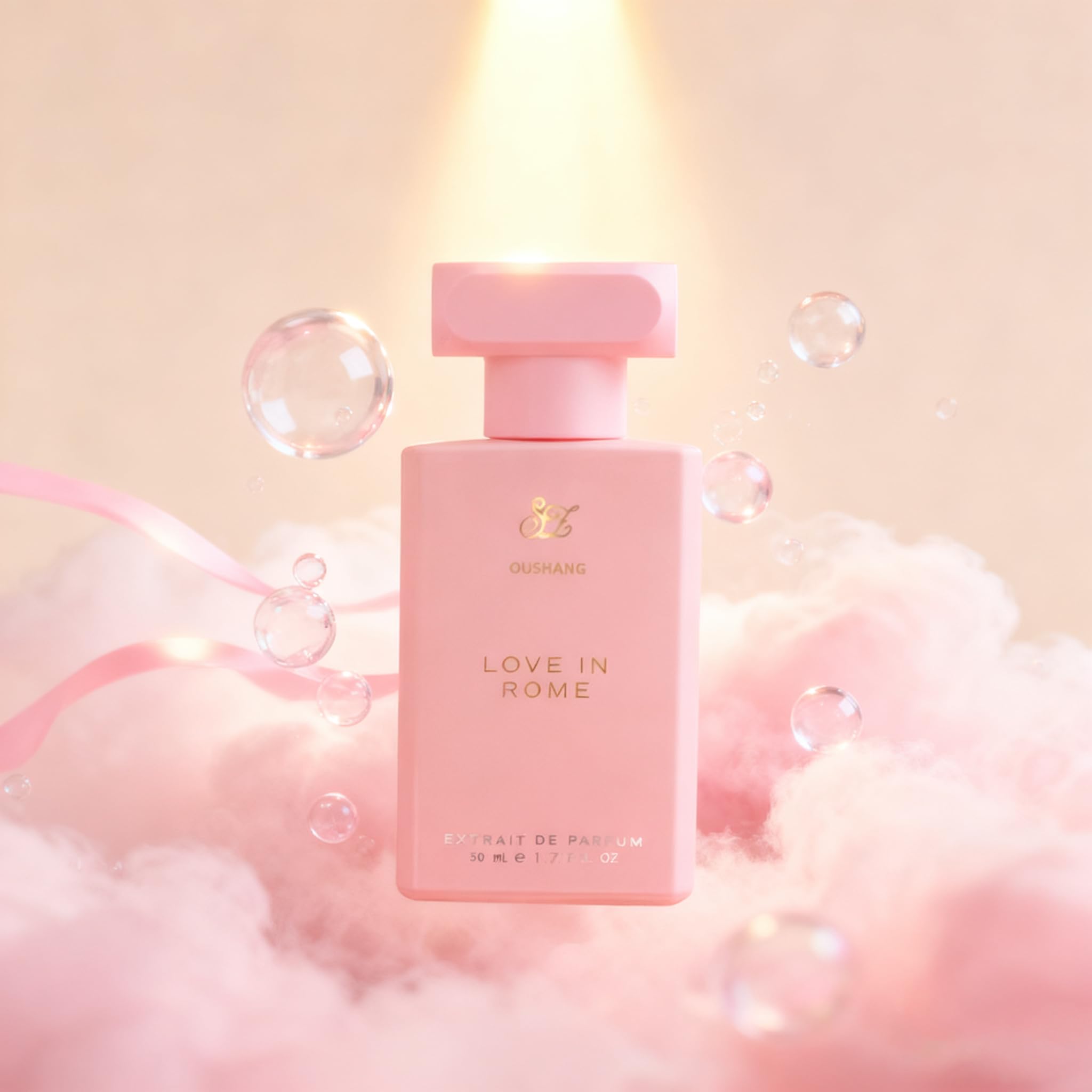 OUSHANG Love in Rome bottle sits on a dressing table suggesting luxury.